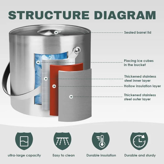 Ice Bucket with Lid & Scoop – Double-Wall Insulated Stainless Steel (2/3L)