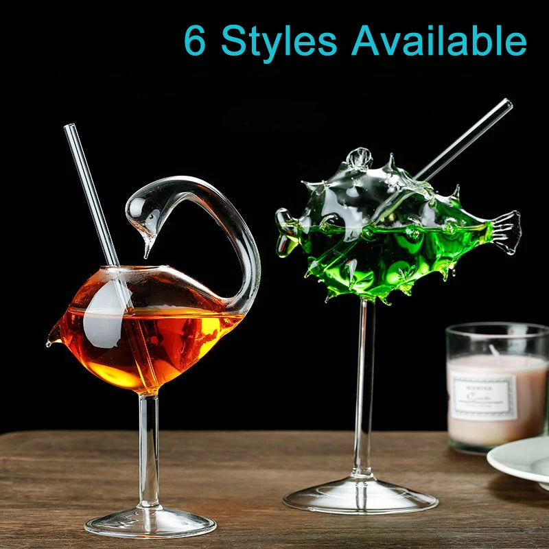 Creative Animal-Shaped Cocktail Goblet with Straw – Pufferfish, Octopus, Swan & Bird Design