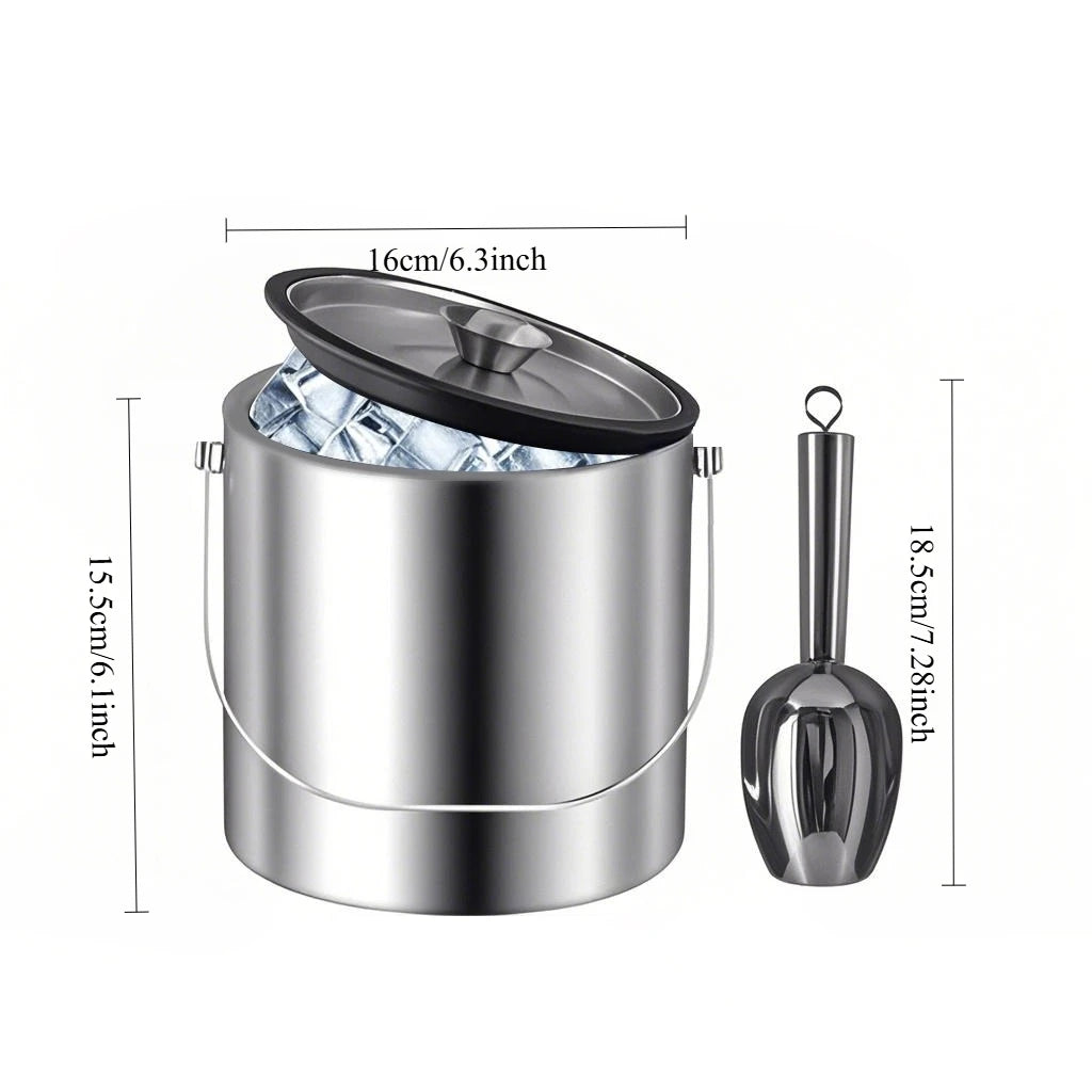 Ice Bucket with Lid & Scoop – Double-Wall Insulated Stainless Steel (2/3L)