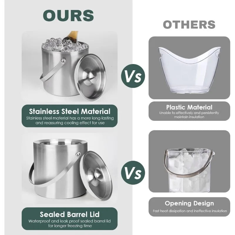 Ice Bucket with Lid & Scoop – Double-Wall Insulated Stainless Steel (2/3L)