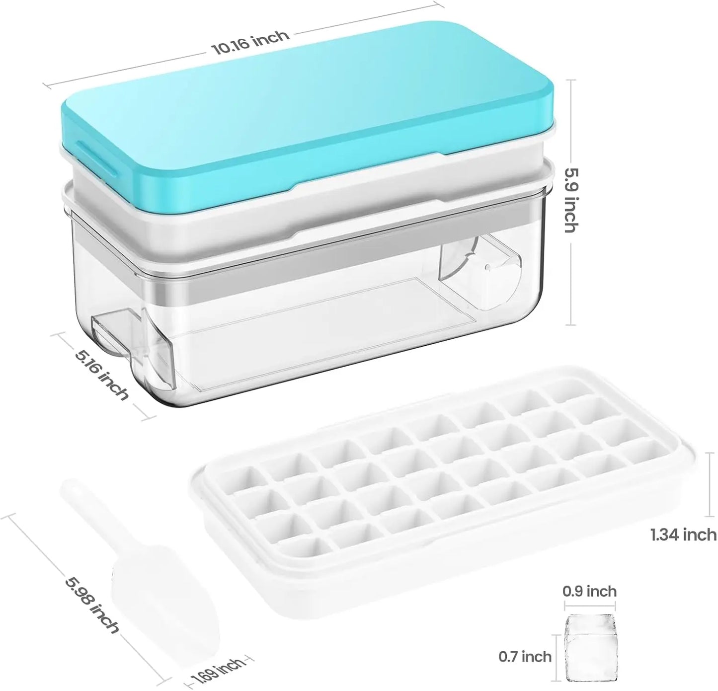 Ice Cube Maker Set with Lid, Bin & Scoop, Stackable, Easy-Release Design