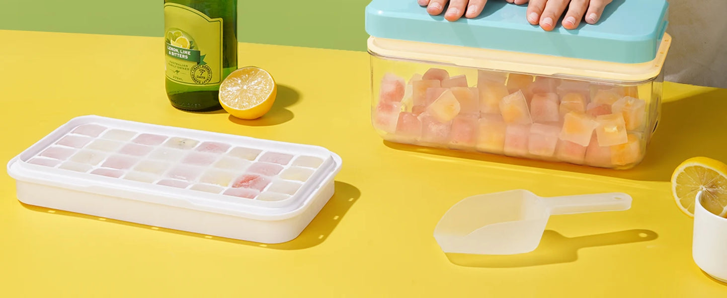 Ice Cube Maker Set with Lid, Bin & Scoop, Stackable, Easy-Release Design