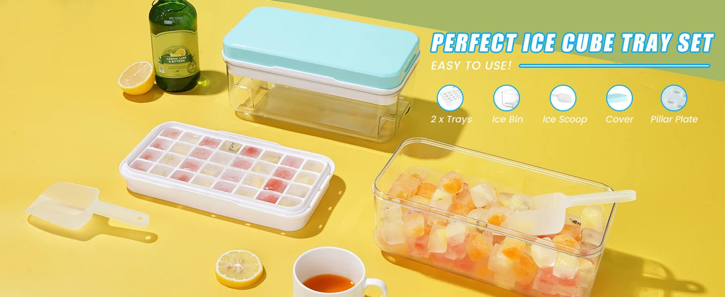 Ice Cube Maker Set with Lid, Bin & Scoop, Stackable, Easy-Release Design