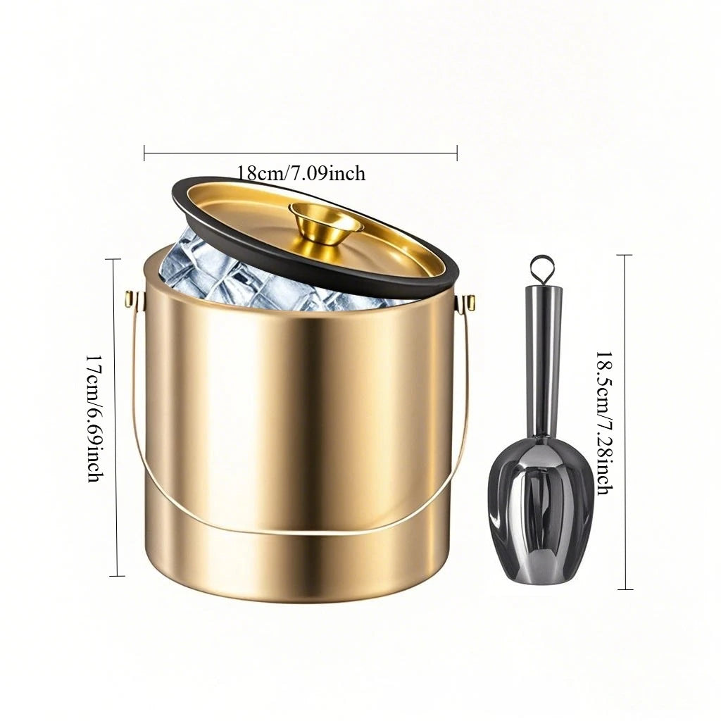 Ice Bucket with Lid & Scoop – Double-Wall Insulated Stainless Steel (2/3L)