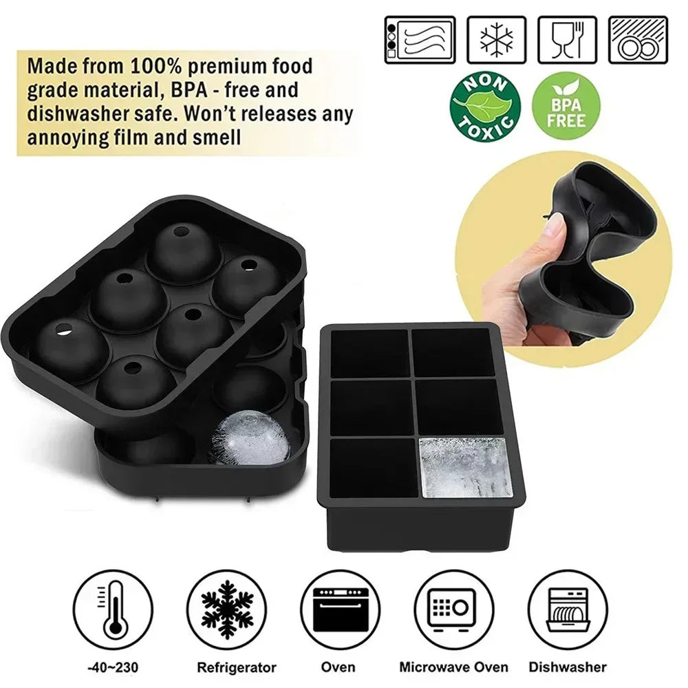 Silicone Ice Cube Tray – Square/Round Ice Cube Maker, 4/6/8 Grids for Whiskey & Cocktails
