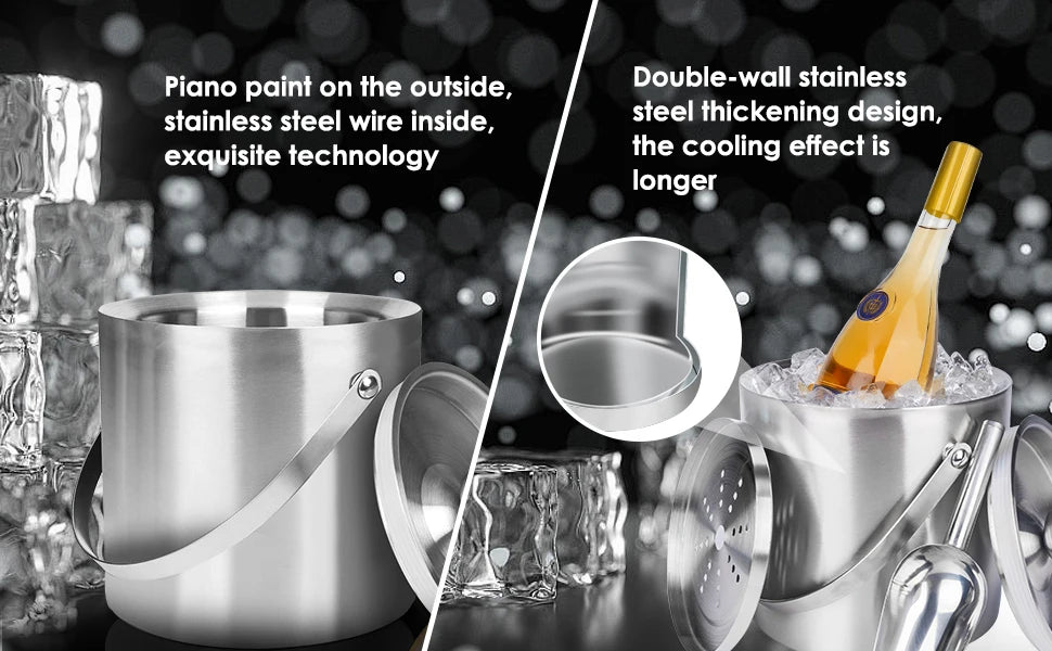 Ice Bucket with Lid & Scoop – Double-Wall Insulated Stainless Steel (2/3L)