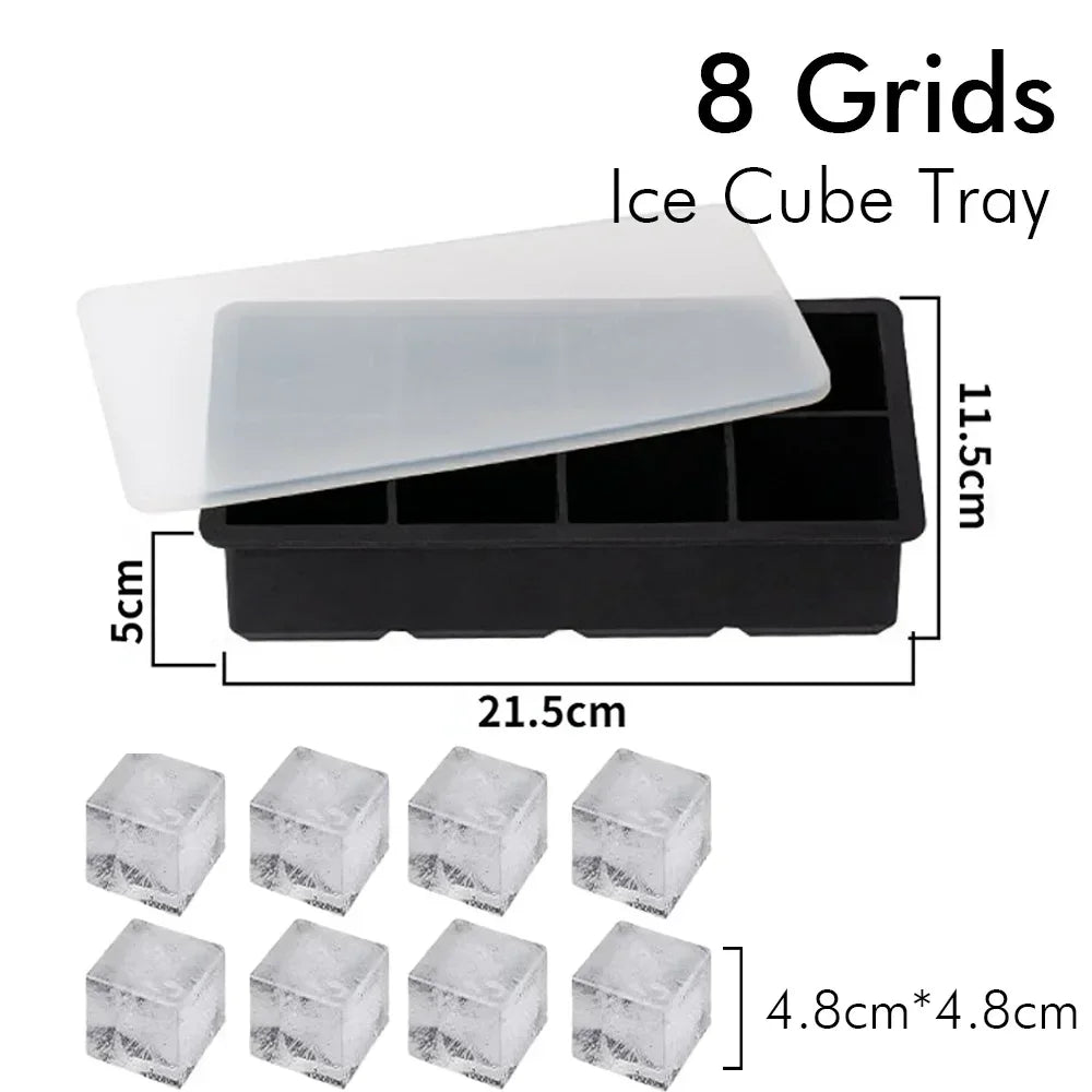 Silicone Ice Cube Tray – Square/Round Ice Cube Maker, 4/6/8 Grids for Whiskey & Cocktails
