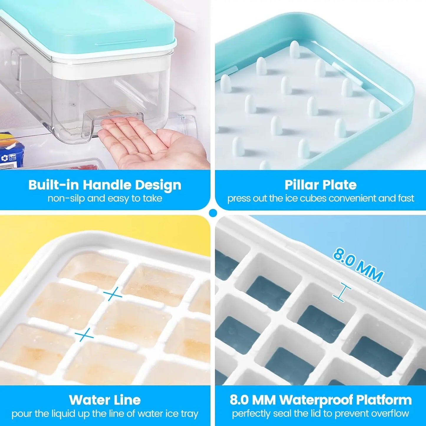 Ice Cube Maker Set with Lid, Bin & Scoop, Stackable, Easy-Release Design