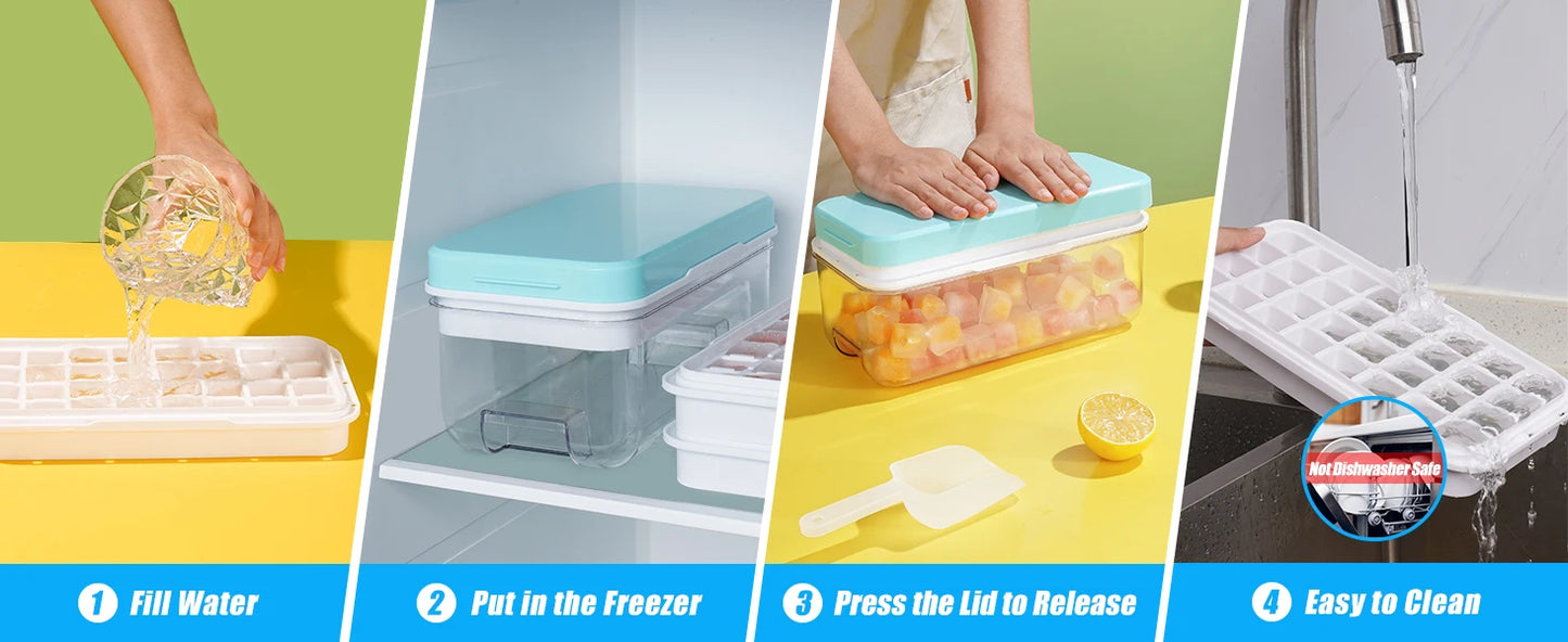 Ice Cube Maker Set with Lid, Bin & Scoop, Stackable, Easy-Release Design