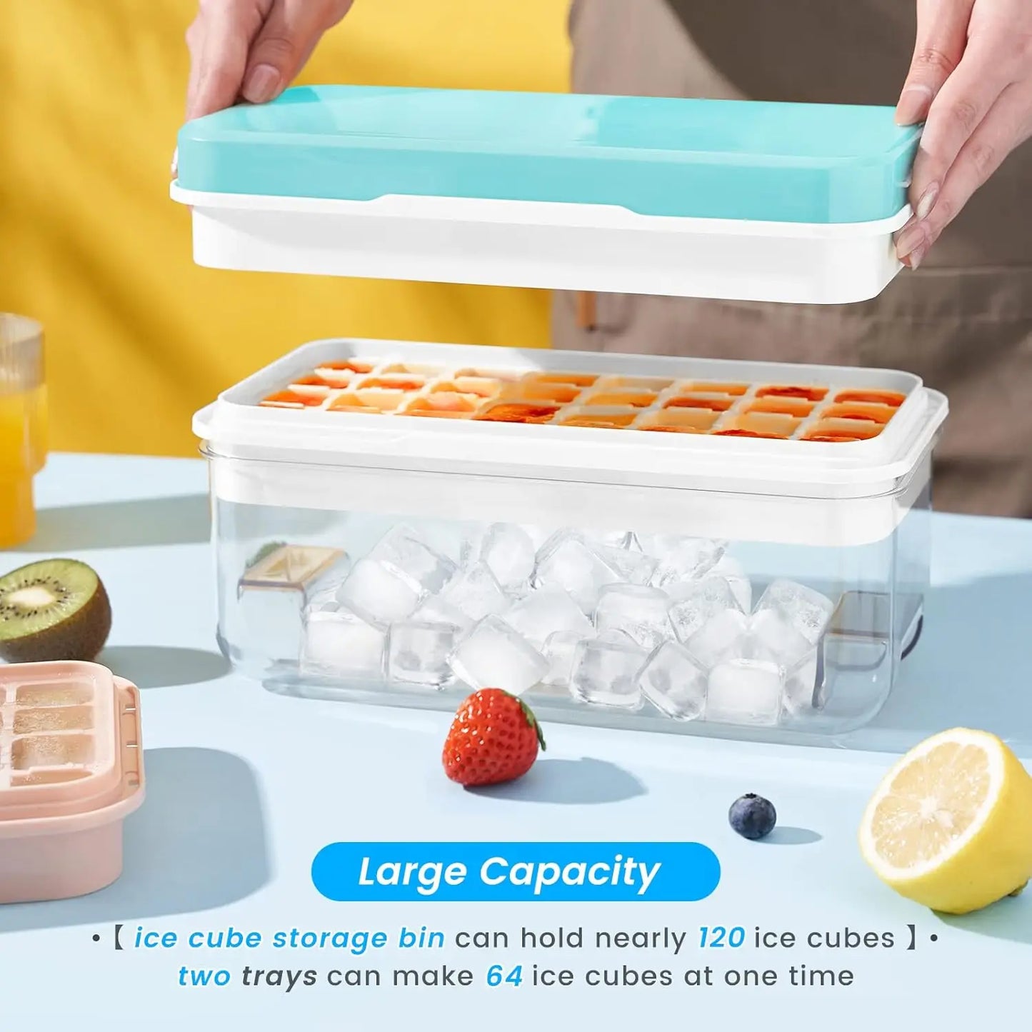 Ice Cube Maker Set with Lid, Bin & Scoop, Stackable, Easy-Release Design