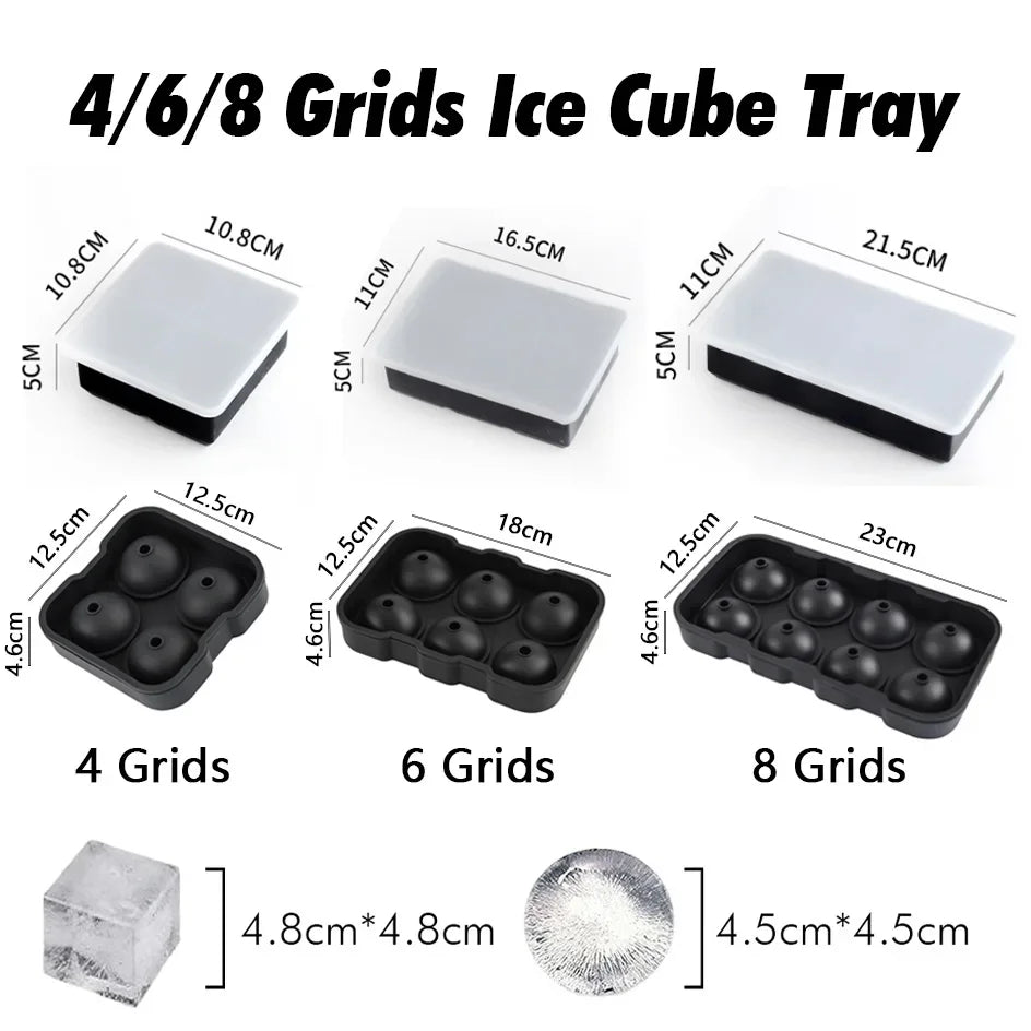 Silicone Ice Cube Tray – Square/Round Ice Cube Maker, 4/6/8 Grids for Whiskey & Cocktails