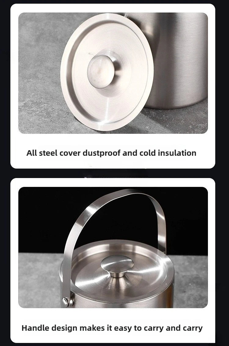 Ice Bucket with Lid & Scoop – Double-Wall Insulated Stainless Steel (2/3L)
