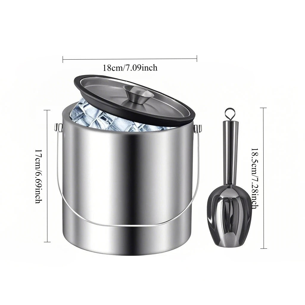 Ice Bucket with Lid & Scoop – Double-Wall Insulated Stainless Steel (2/3L)