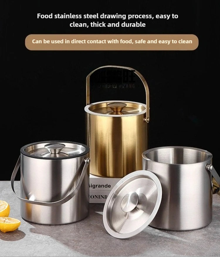 Ice Bucket with Lid & Scoop – Double-Wall Insulated Stainless Steel (2/3L)