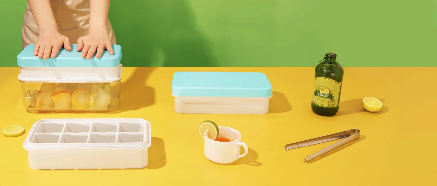 Ice Cube Maker Set with Lid, Bin & Scoop, Stackable, Easy-Release Design